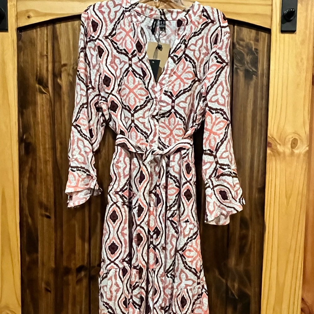 Vero Moda Oatmeal and Pink Geometric Dress VMMENNY LS V-neck Short Dress
